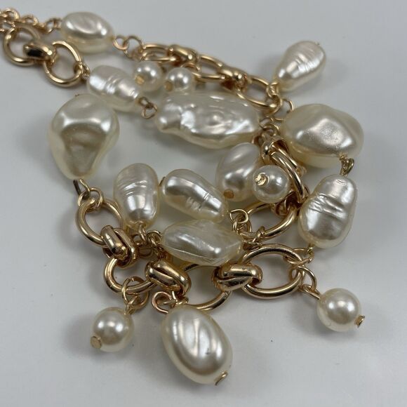 Gold Tone Faux Pearl Boho Statement Necklace Classic Timeless Lightweight - Picture 4 of 7